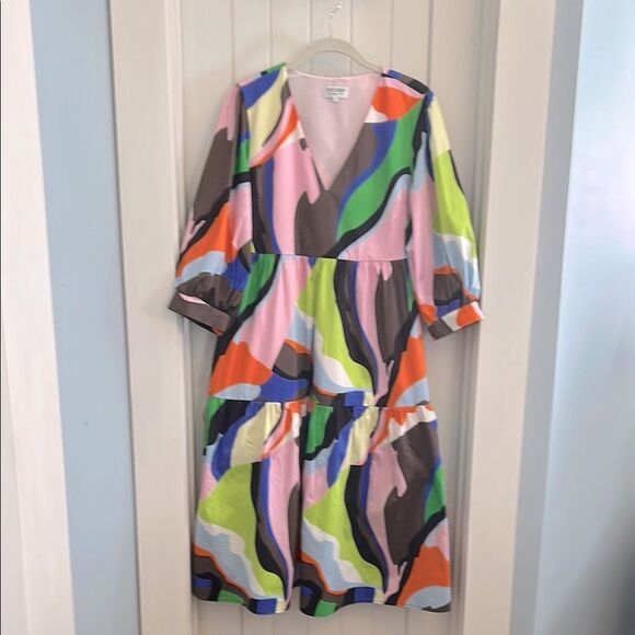 Crosby by Mollie Burch V Neck Colorful Tiered Midi Dress Size Small - Picture 1 of 8